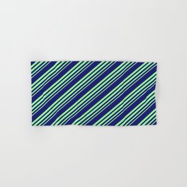 [ Thumbnail: Midnight Blue and Green Colored Stripes Pattern Hand & Bath Towel ]