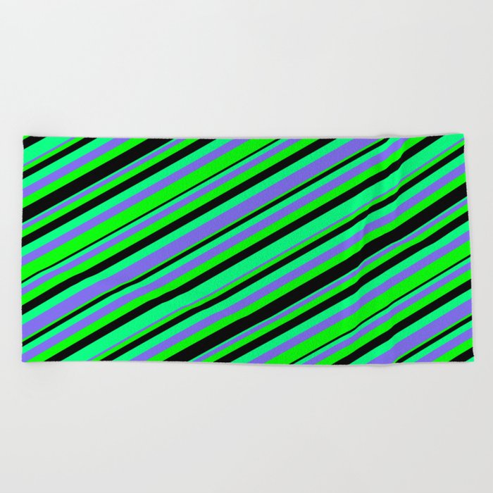 Green, Medium Slate Blue, Lime & Black Colored Stripes/Lines Pattern Beach Towel
