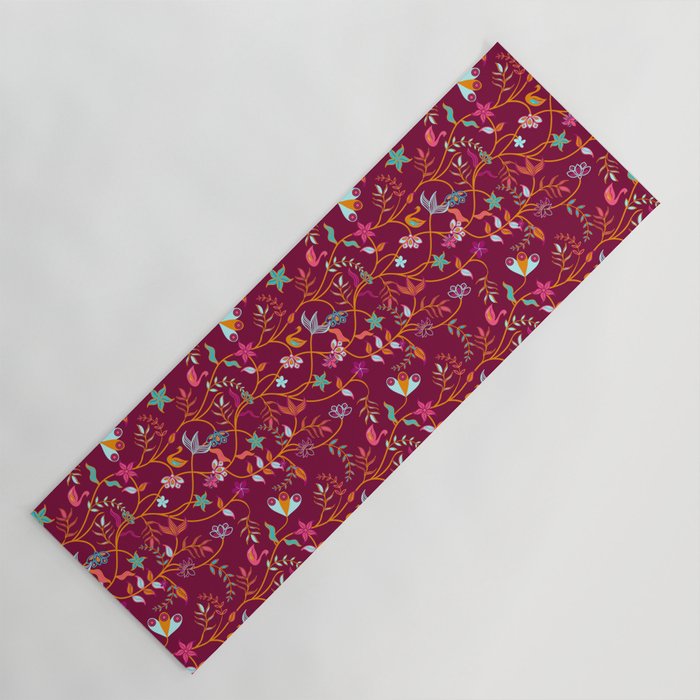 Raspberry Red Bohemian Floral Pattern Yoga Mat