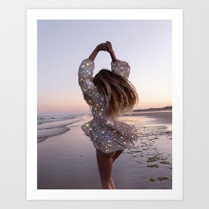 DANCING ON THE BEACH | dance | sunset | summer | dress | glitter | bling |  collage | vibe | happy  Art Print