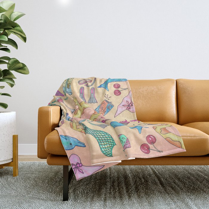 Cute Summer Beach and Poolside Illustrations Throw Blanket