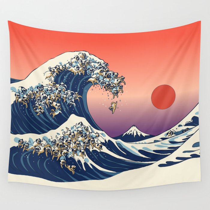 The Great Wave of Pugs_Square Wall Tapestry by Huebucket