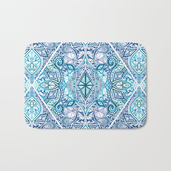 Blue and Teal Diamond Doodle Pattern Bath Mat