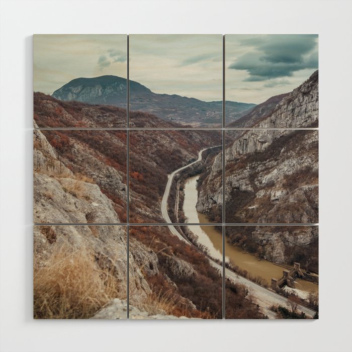 Beautiful photo of the canyon in Serbia, with river and the highway in the middle Wood Wall Art