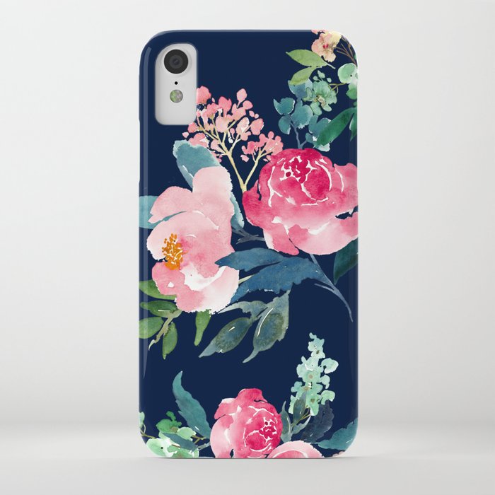 navy and pink watercolor peony iphone case