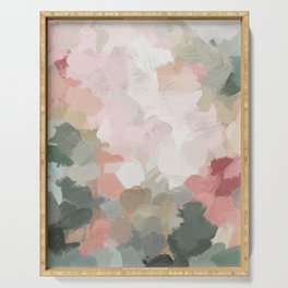 Time to Bloom - Forest Green Fuchsia Blush Pink Abstract Flower Spring Painting Art Serving Tray