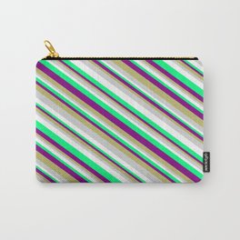 [ Thumbnail: Eye-catching Purple, Dark Khaki, Light Gray, White & Green Colored Lined Pattern Carry-All Pouch ]