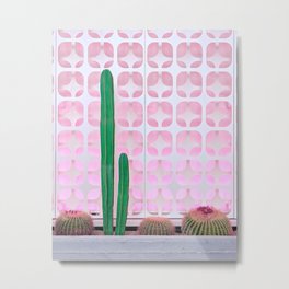 Mexican Fence Post and Barrel Cactus with Mid-Century Background Pattern Metal Print