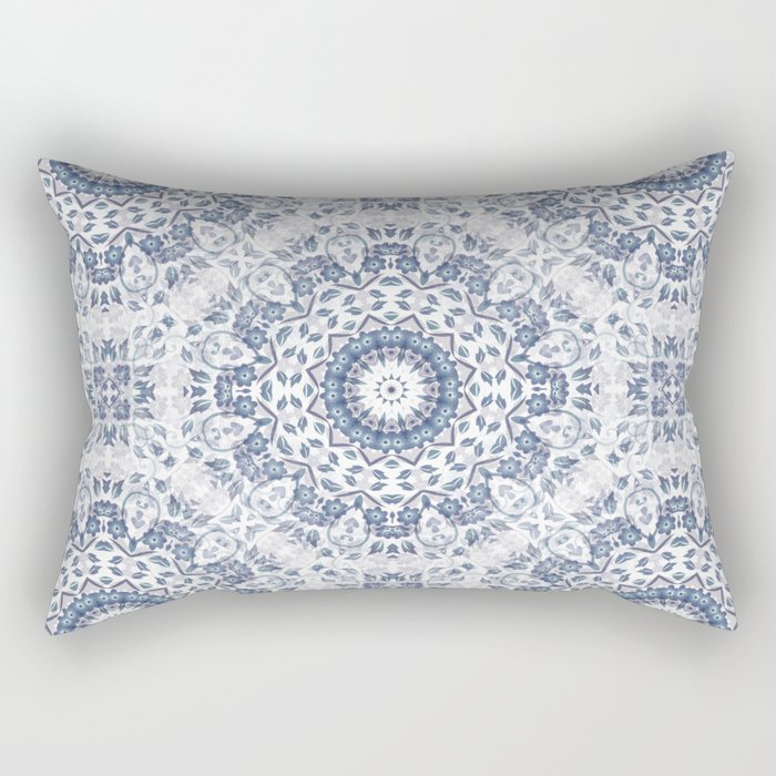 Grayish Blue White Flowers Mandala Rectangular Pillow