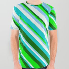 [ Thumbnail: Lime, Light Sky Blue, Mint Cream, Dark Turquoise & Dark Green Colored Lines/Stripes Pattern All Over Graphic Tee ]
