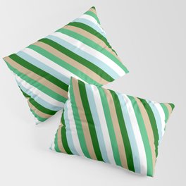 [ Thumbnail: Eye-catching Tan, Sea Green, White, Powder Blue, and Dark Green Colored Pattern of Stripes Pillow Sham ]