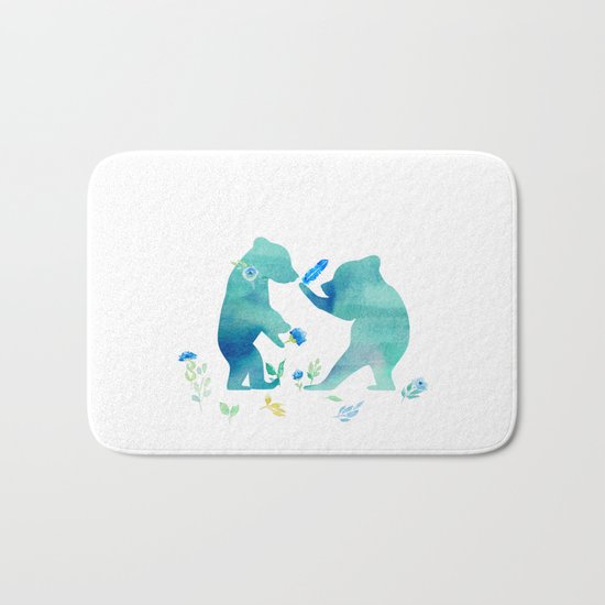 Playing bear kids- Watercolor animal illustration Bath Mat