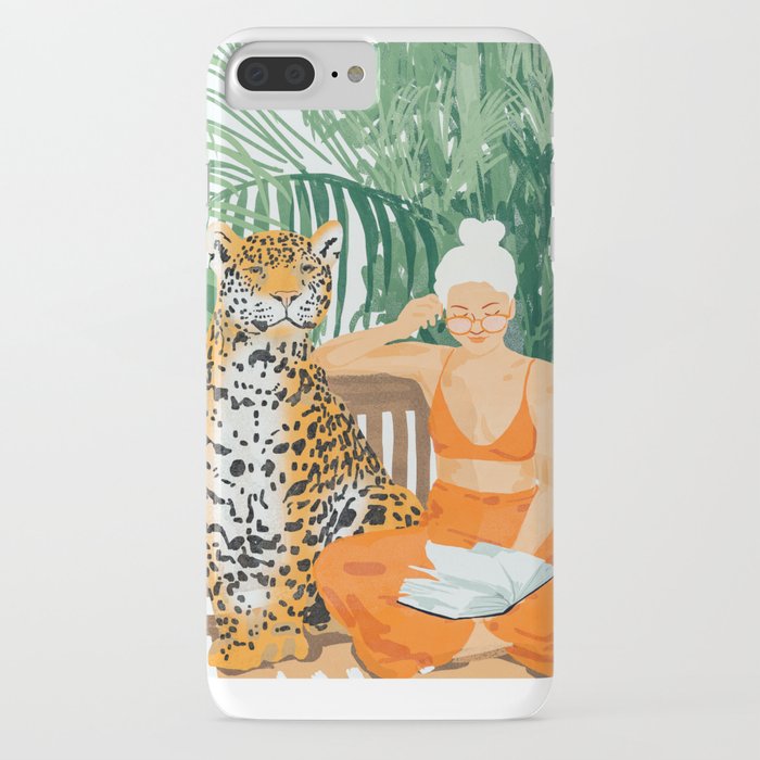 Jungle Vacay | Modern Bohemian Blonde Woman Tropical Travel | Leopard Wildlife Forest Reader iPhone Case