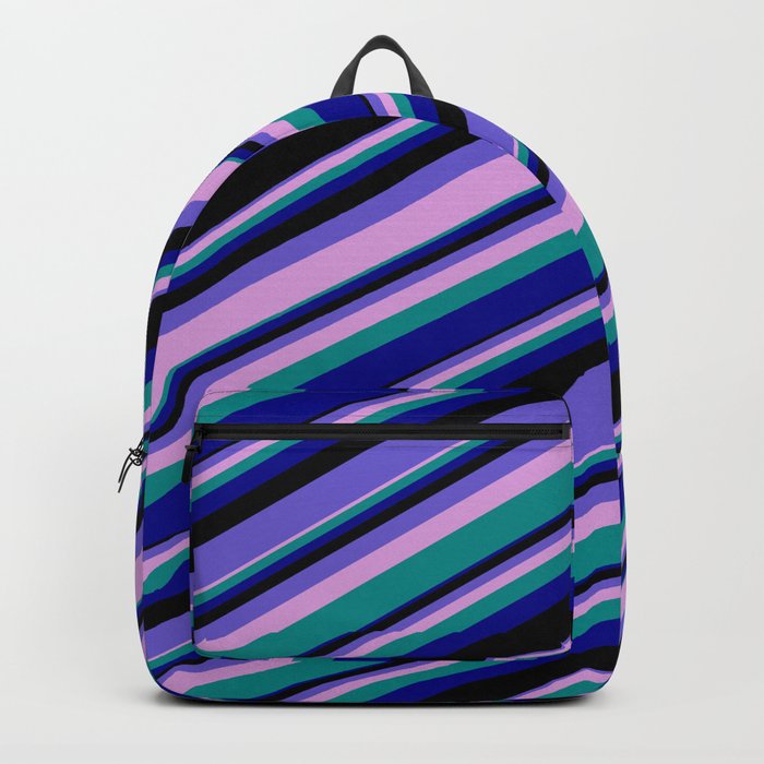 Vibrant Slate Blue, Plum, Dark Cyan, Dark Blue & Black Colored Lines/Stripes Pattern Backpack