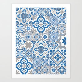 Blue and Gray Heritage Vintage Traditional Moroccan Zellij Zellige Tiles Style Art Print