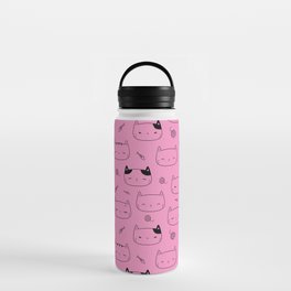 Pink and Black Doodle Kitten Faces Pattern Water Bottle