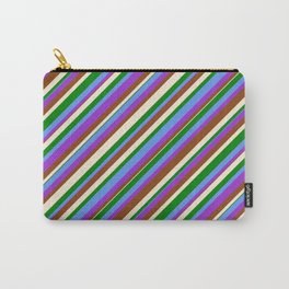[ Thumbnail: Colorful Cornflower Blue, Dark Orchid, Brown, Beige & Green Colored Lined/Striped Pattern Carry-All Pouch ]