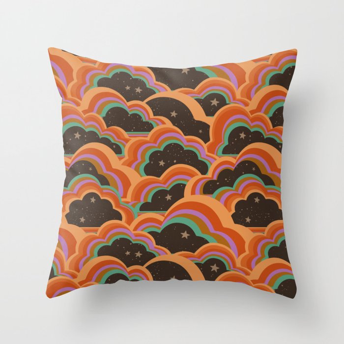 Retro 70s Inspired Boho Rainbow Clouds Pattern Throw Pillow