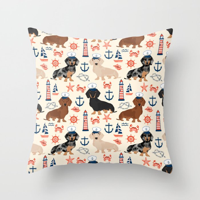 Dachshund nautical sailor dog pet portraits dog costumes dog breed pattern custom gifts Throw Pillow