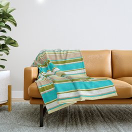 [ Thumbnail: Colorful Dark Turquoise, Pale Goldenrod, Green, Mint Cream & Tan Colored Lined/Striped Pattern Throw Blanket ]