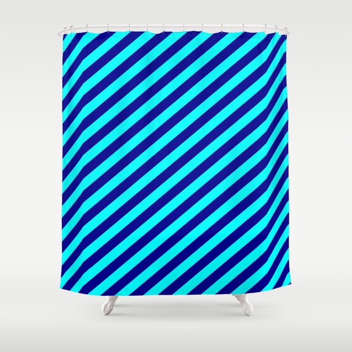 Cyan & Dark Blue Colored Lined/Striped Pattern Shower Curtain