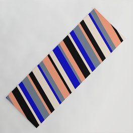 [ Thumbnail: Colorful Blue, Slate Gray, Light Salmon, Black, and Beige Colored Lined/Striped Pattern Yoga Mat ]