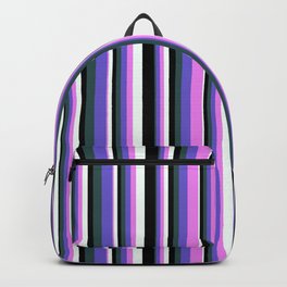 [ Thumbnail: Eyecatching Dark Slate Gray, Slate Blue, Violet, Mint Cream, and Black Colored Pattern of Stripes Backpack ]