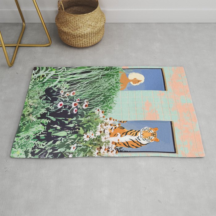 Love Thy Neighbor, Bohemian Brown  Blonde Woman Tiger Quirky Eclectic Tropical Architecture Rug