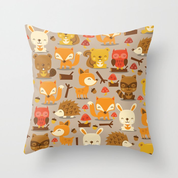 Super Cute Woodland Creatures Pattern Throw Pillow