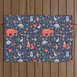 Fairy-tale forest. Fox, bear, raccoon, owls, rabbits, flowers and herbs on a blue background. Seamle Outdoor Rug