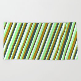 [ Thumbnail: Green, Dark Goldenrod, Dark Slate Gray & Mint Cream Colored Lines/Stripes Pattern Beach Towel ]