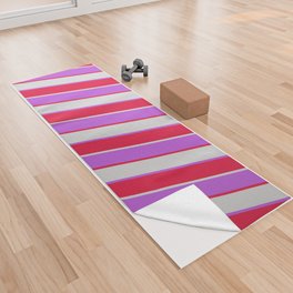 [ Thumbnail: Orchid, Crimson, and Light Grey Colored Stripes/Lines Pattern Yoga Towel ]