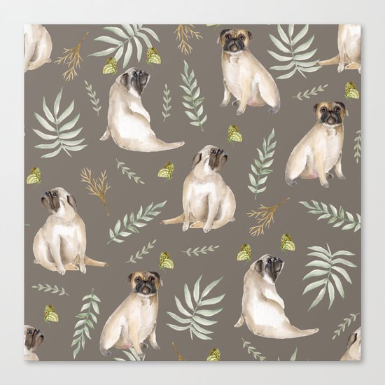 Pugs and butterflies. Brown pattern Canvas Print