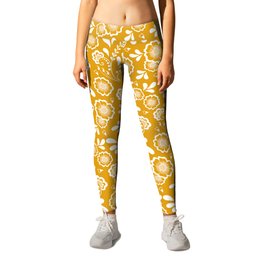 Mustard And White Eastern Floral Pattern Leggings