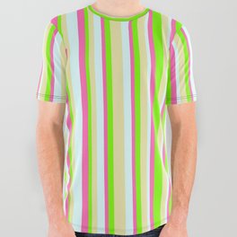 [ Thumbnail: Green, Pale Goldenrod, Light Cyan, and Hot Pink Colored Lined/Striped Pattern All Over Graphic Tee ]