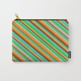[ Thumbnail: Eye-catching Turquoise, Lime Green, Grey, Dark Orange & Brown Colored Lines/Stripes Pattern Carry-All Pouch ]