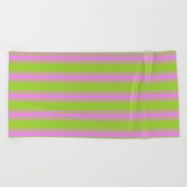 [ Thumbnail: Green & Violet Colored Lined/Striped Pattern Beach Towel ]