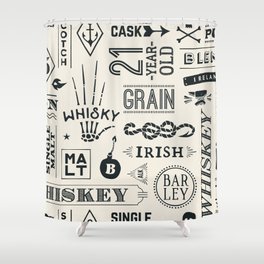 Seamless pattern with types of whiskey and hand drawn lettering. Vintage drawing. Vintage Illustration Shower Curtain