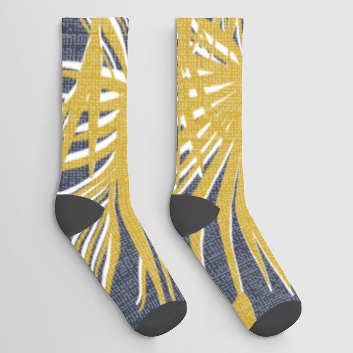 Tropical Palm Trees Gold on Navy Socks