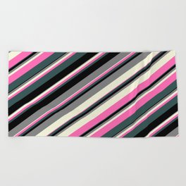 [ Thumbnail: Grey, Beige, Hot Pink, Dark Slate Gray, and Black Colored Lines/Stripes Pattern Beach Towel ]