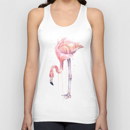 Flamingo Watercolor Painting Art Tropical Birds | Facing Left Unisex Tank Top