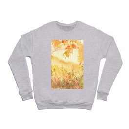 Watercolor country forest landscape. Autumn, summer forest orange, yellow. Branches of birch, aspen, willow, bushes, wild plants and wild grass. Art illustration, abstract splash of paint. Landscape Crewneck Sweatshirt