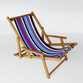[ Thumbnail: Cornflower Blue, Purple, Light Cyan, and Black Colored Stripes Pattern Sling Chair ]