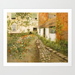 Frits Thaulow | A Garden Path with tulips and zinnia blossoms farm house summer landscape painting Art Print