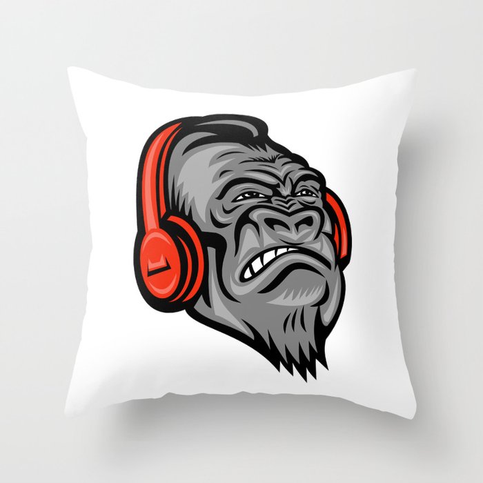 Gorilla Headphones Head Mascot Retro Throw Pillow