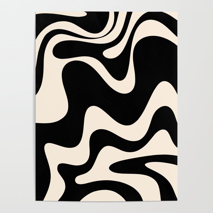 Retro Liquid Swirl Abstract in Black and Almond Cream 2 Poster