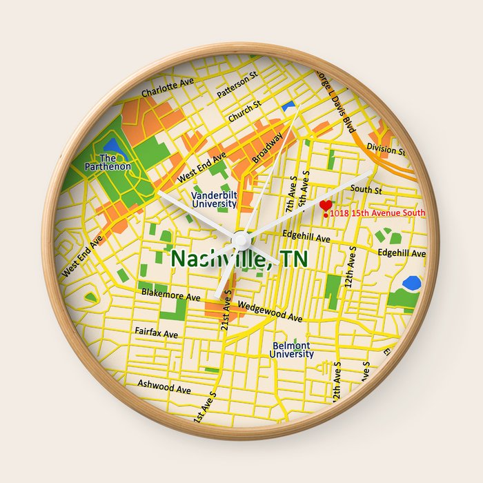 Map of Nashville, TN Wall Clock by Efratul Society6