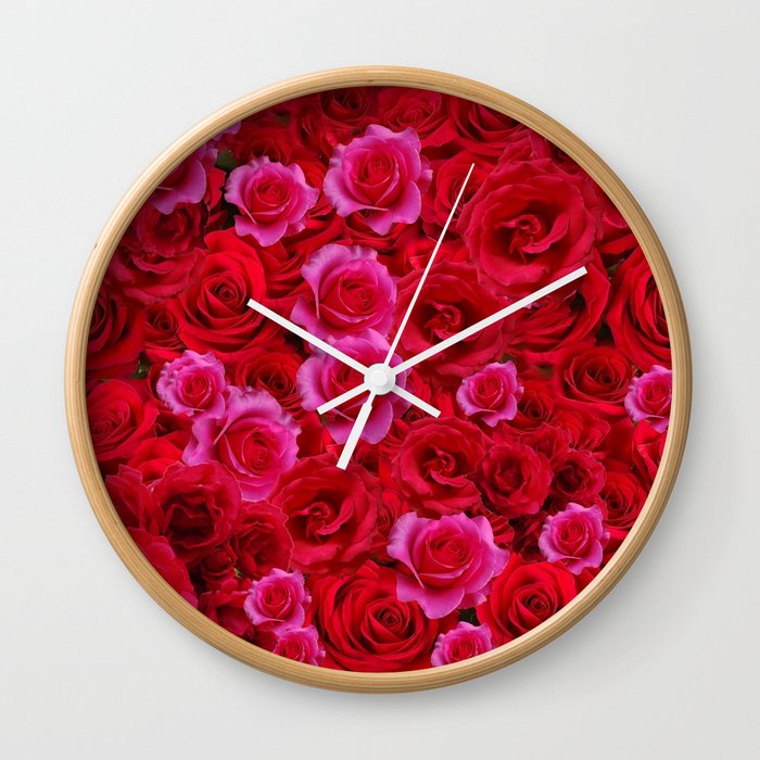 Nature Art Of Bed Of Red Pink Rose Flowers Wall Clock By