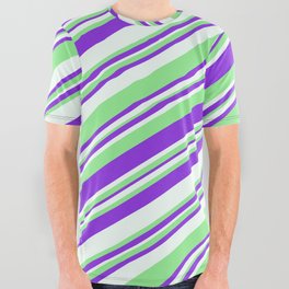 [ Thumbnail: Purple, Mint Cream & Light Green Colored Striped Pattern All Over Graphic Tee ]