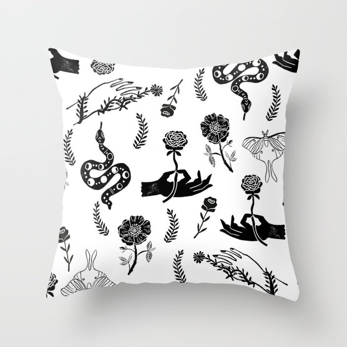Linocut snakes hand rose floral black and white spooky gothic pattern Throw Pillow